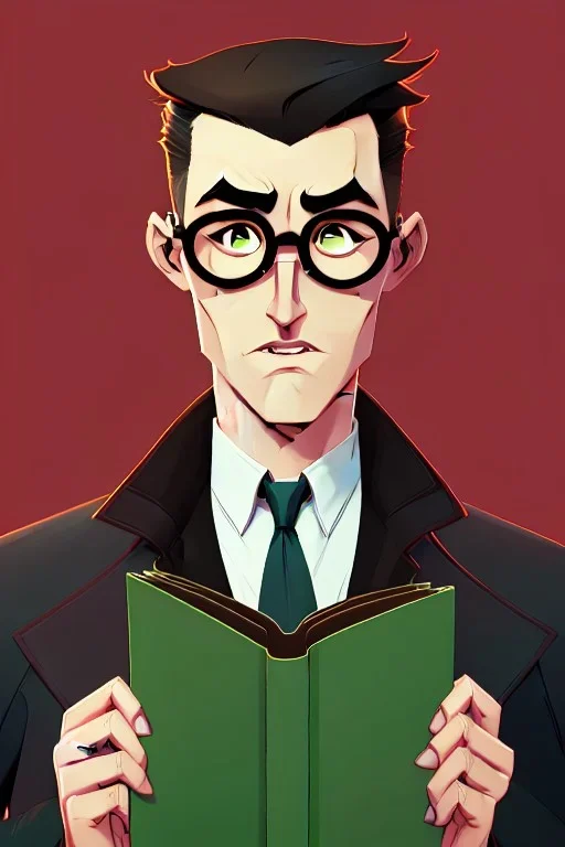 Fit man in round glasses with bookshelf in background, stubble,no beard, reading book, slim, tie, monotone, green eyes, comic book style, two tone colours, detailed, ink, realistic, handsome, square jaw, big brows, no jacket, bird on the shoulder, spotlight