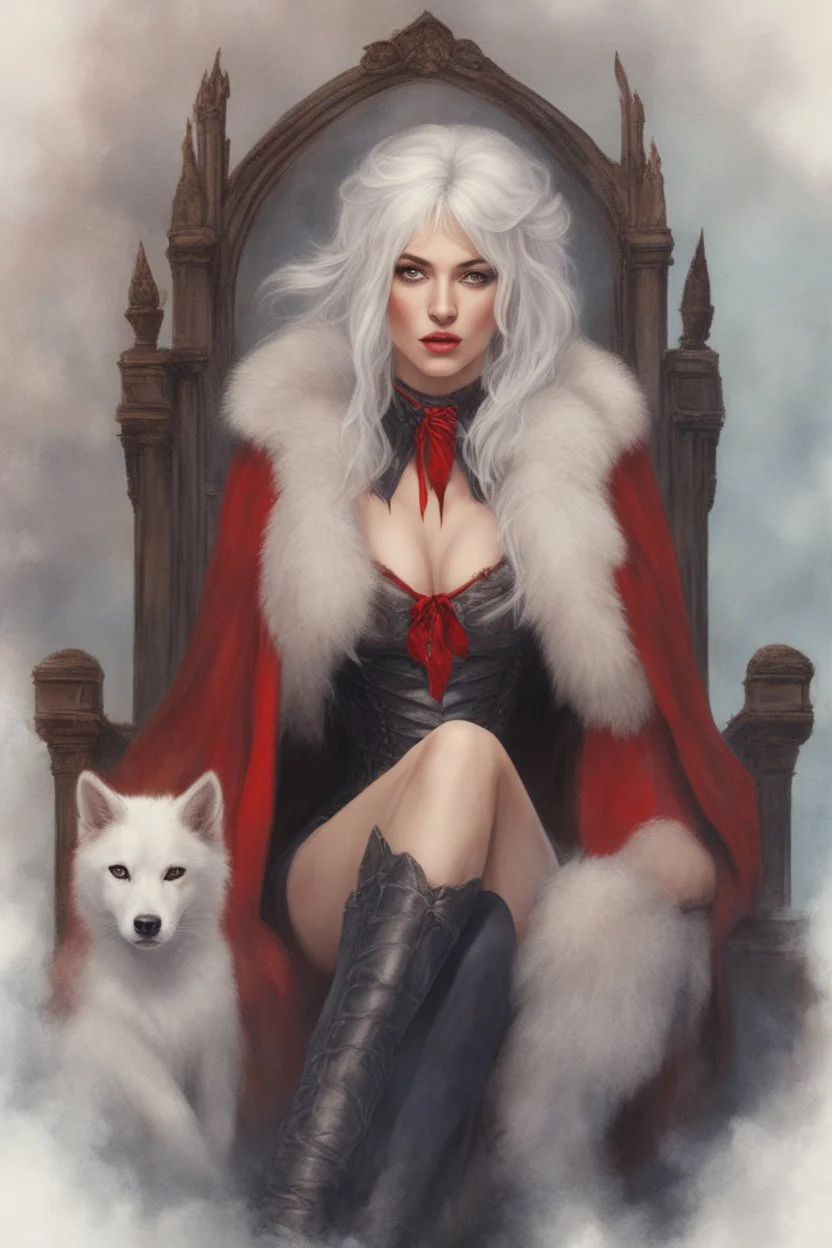 Beautiful white haired Vampire queen on her throne, drawing. Wearing a red cloak with a fur collar. Portrait, waist up