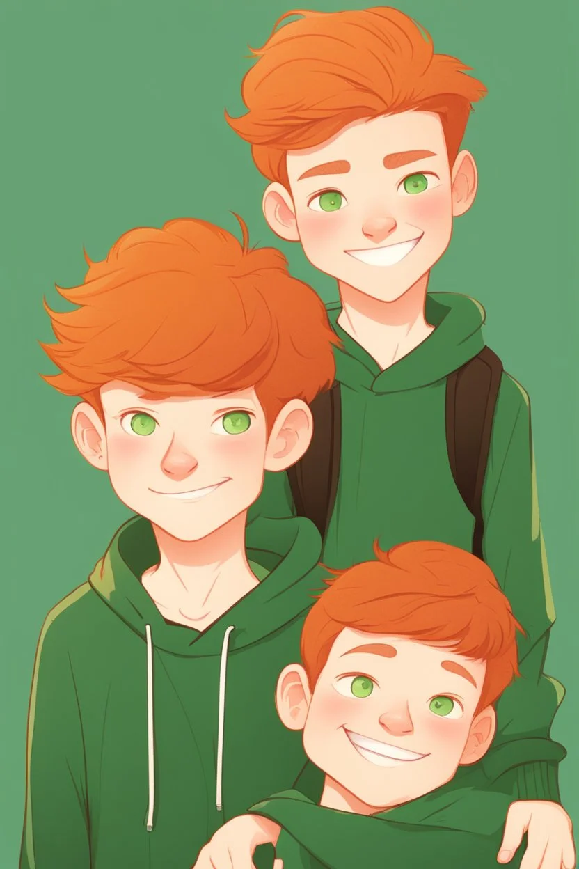 cartoon style, dark colors, two teenage brothers, ginger hairs, one is slim, second chubby and lower, typical teenagers, white faces, green eyes, characteristic standing pose for book cover, white background