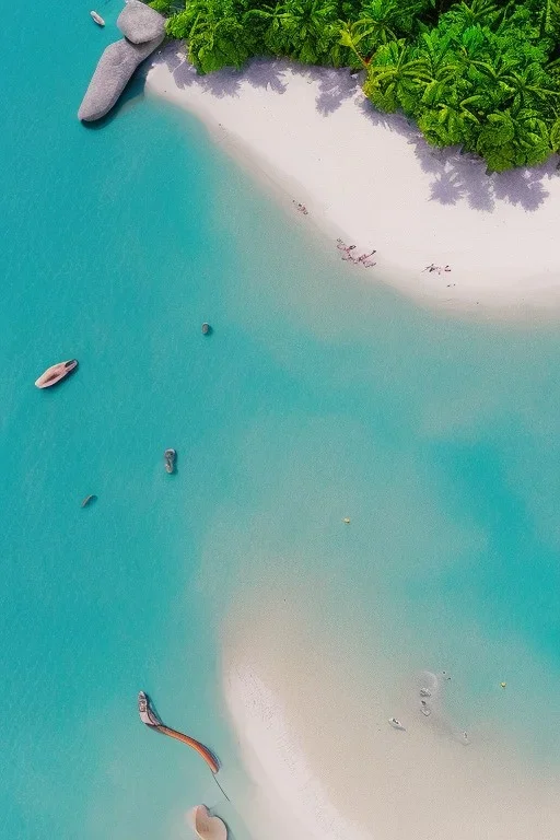 plage sable jaune, mer bleu turquoise, cocotoer, soleil, oiseau dans le ciel