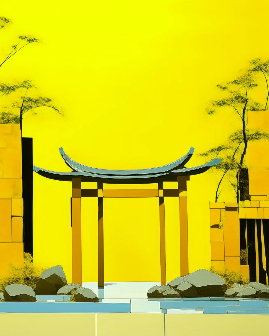 A yellow peak with torii gates in daylight designed in ancient Greek pottery painted by Piet Mondrian