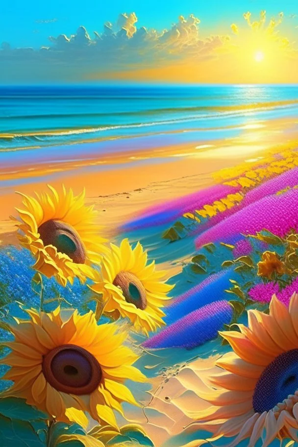 Morning, sun rays, light blue color, clear sky, bright sea, many sunflowers, in front of the sea, pink, yellow, orange, green, orchard, sand