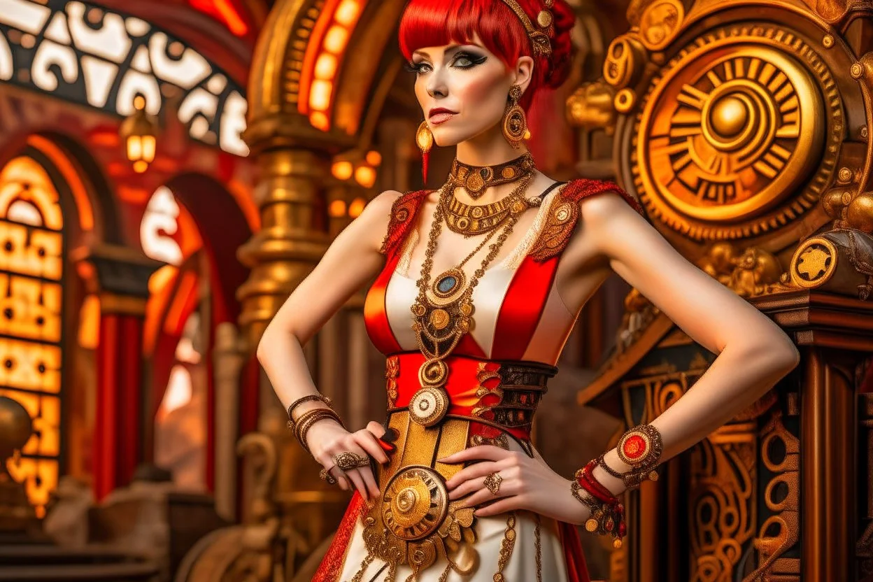 a skinny Cleopatra, with a bob red hairstyle, standing in a steampunk setting.