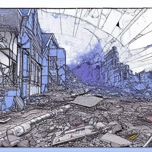  line Art coloured, destroyed, post apocalyptic, darkblue tones,