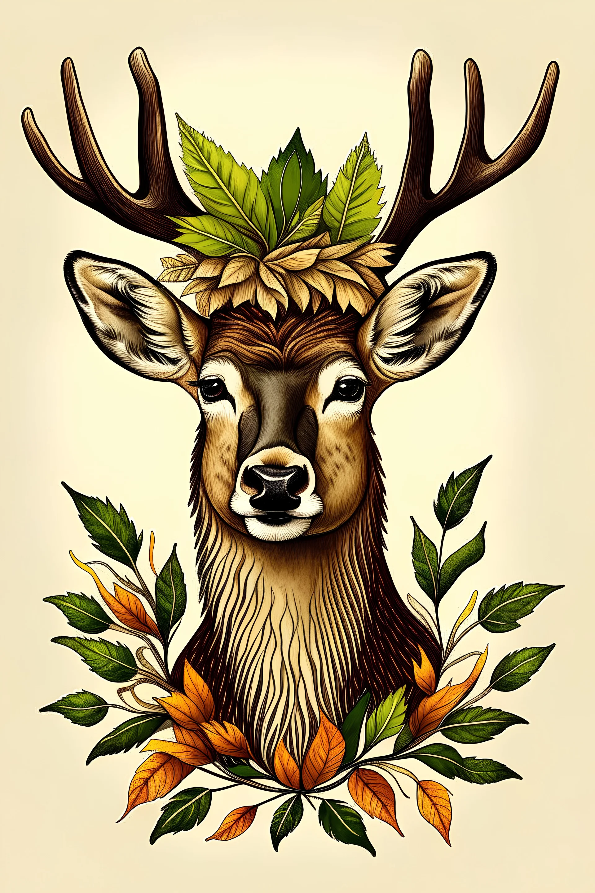 A deer wearing a Crown made of leaves.