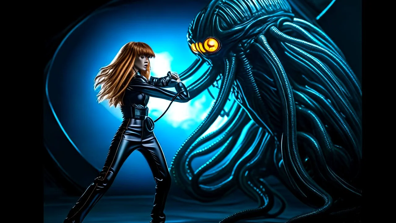 Full-body retro photo of a woman with straight hair and a Fringe, in a fight with a monster, wrapped in tenacles, in an action pose, sci-fi Background