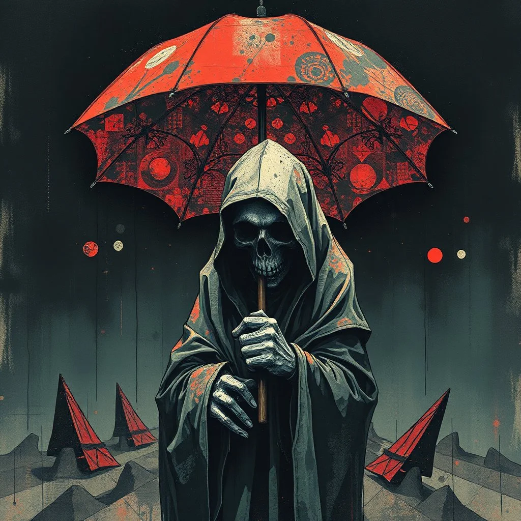 Reaper reveries under an umbrella, 2D, Exponential decay paradigm shift, abstract surreal horror, by Dave McKean and Arthur Secunda and Squeak Carnwath,er reveries acid wash mind-bending illustration; geometric shapes, hard angles, sharp colors, dark shines, atmosphere guided by N(t)=N0​⋅e−kt