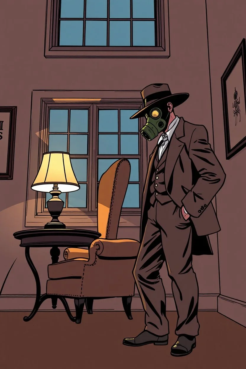 wingback chair and a small table with lamp, with a man standing beside wearing a gas mask and wide brimmed flat top hat, elevated downward perspective, window at rear, graphic novel