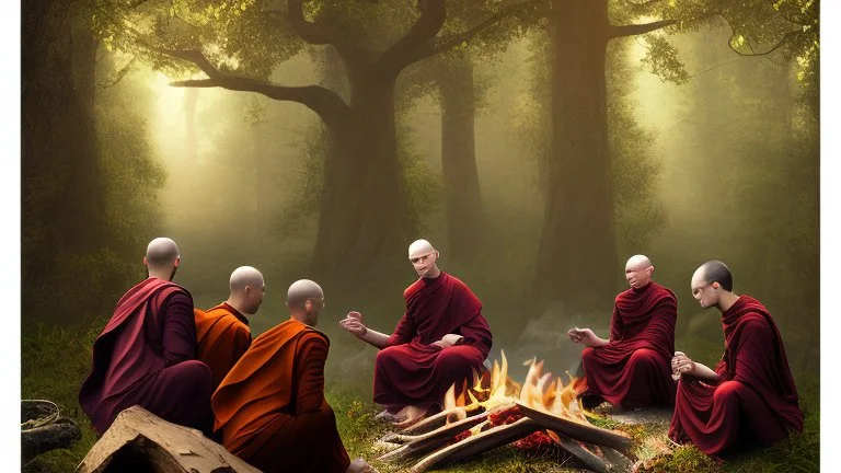 Black robed monks sitting around a fire in the forest