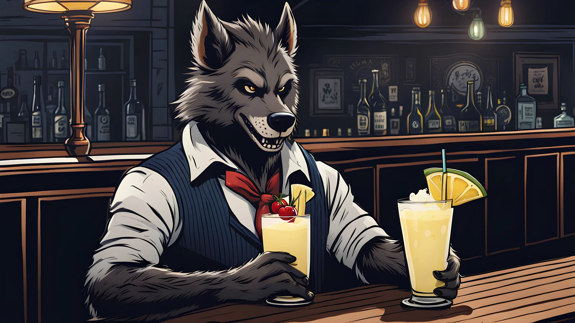 A happy werewolf with a pompadour haircut drinking a Pina Colada at a bar in London. Illustration.