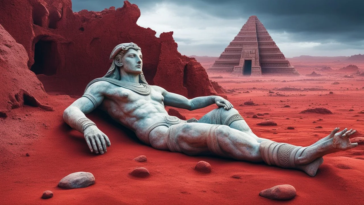 a giant ancient abstract marble statue lies down on the red Mars planet, background ancient ruins, strange psychedelic sky, cold colors, mystic ancient art, very detailed, cinematic, sharp focus, sci-fi style, utopistic ,astral cosmic , masterpiece