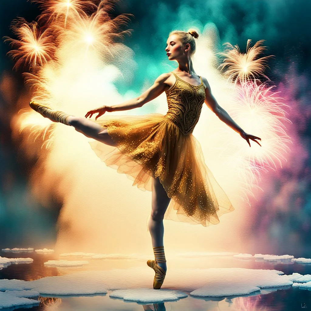 Double Exposure Blonde ballerina in gold embroidered dance clothes tiptoes on an ice surface, surrounded by smoke and fire rising from the ice surface and falling from the sky, with colorful fireworks in the background, breathtaking fantasy art, breathtaking digital art, stunning digital art. , dramatic fantasy art, surreal digital artwork , inspired by Liz Dharma, by Liz Dharma, magical realism and dark fantasy, trendy digital fantasy art, dark fantasy digital art, accurate and undistorted huma