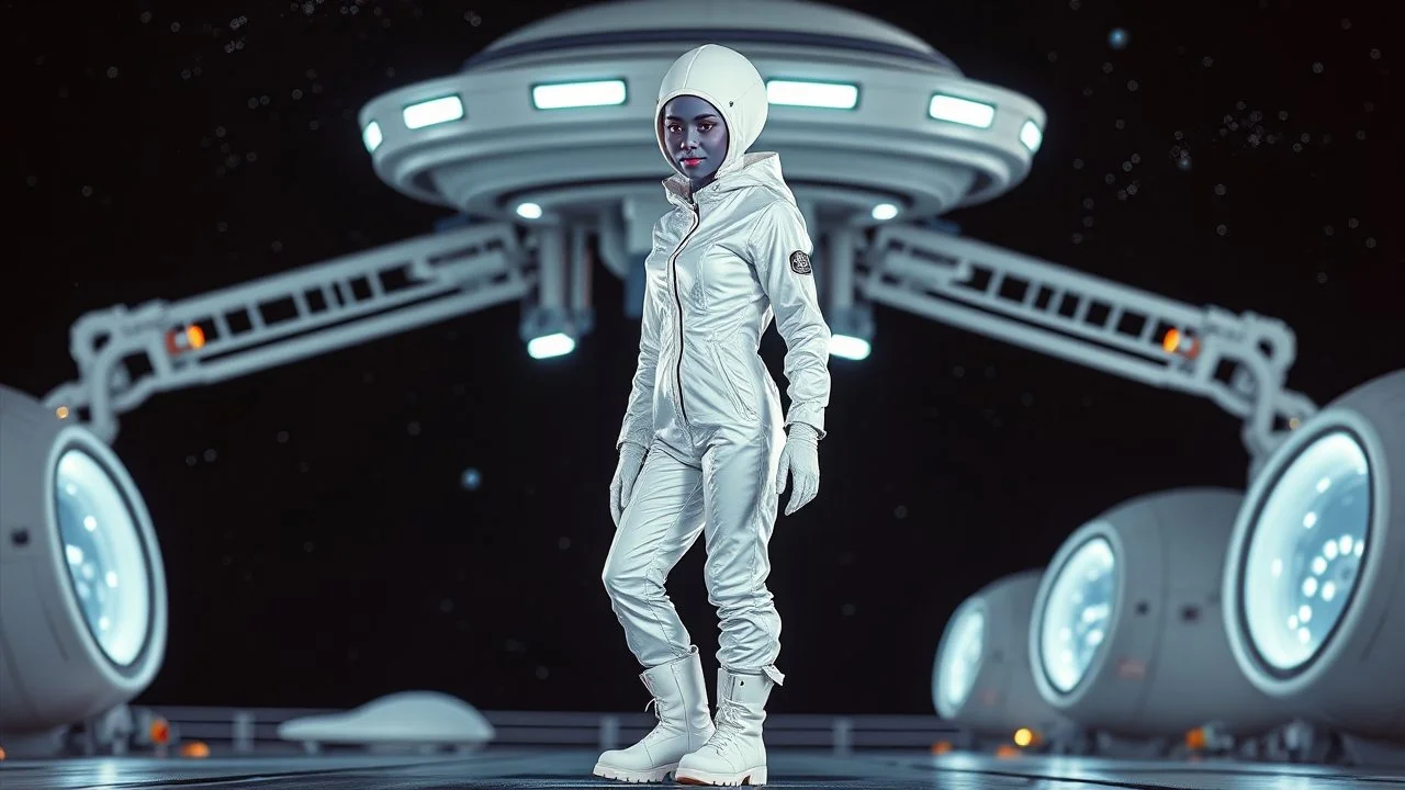 "Artistic photography (((FULL BODY from HEAD to FEET +profile))), enormous almond shape lighted crystal clear eyes, she is dressed in a white shiny jumpsuit she is a gorgeous smiling extra terrestrial woman with indigo purple blue skin with a high elongated skull like a magnum bottle, 40 y/o asian, she wears white snow boots, and she is outside on the flying saucers large landing deck of the space station in cosmos.