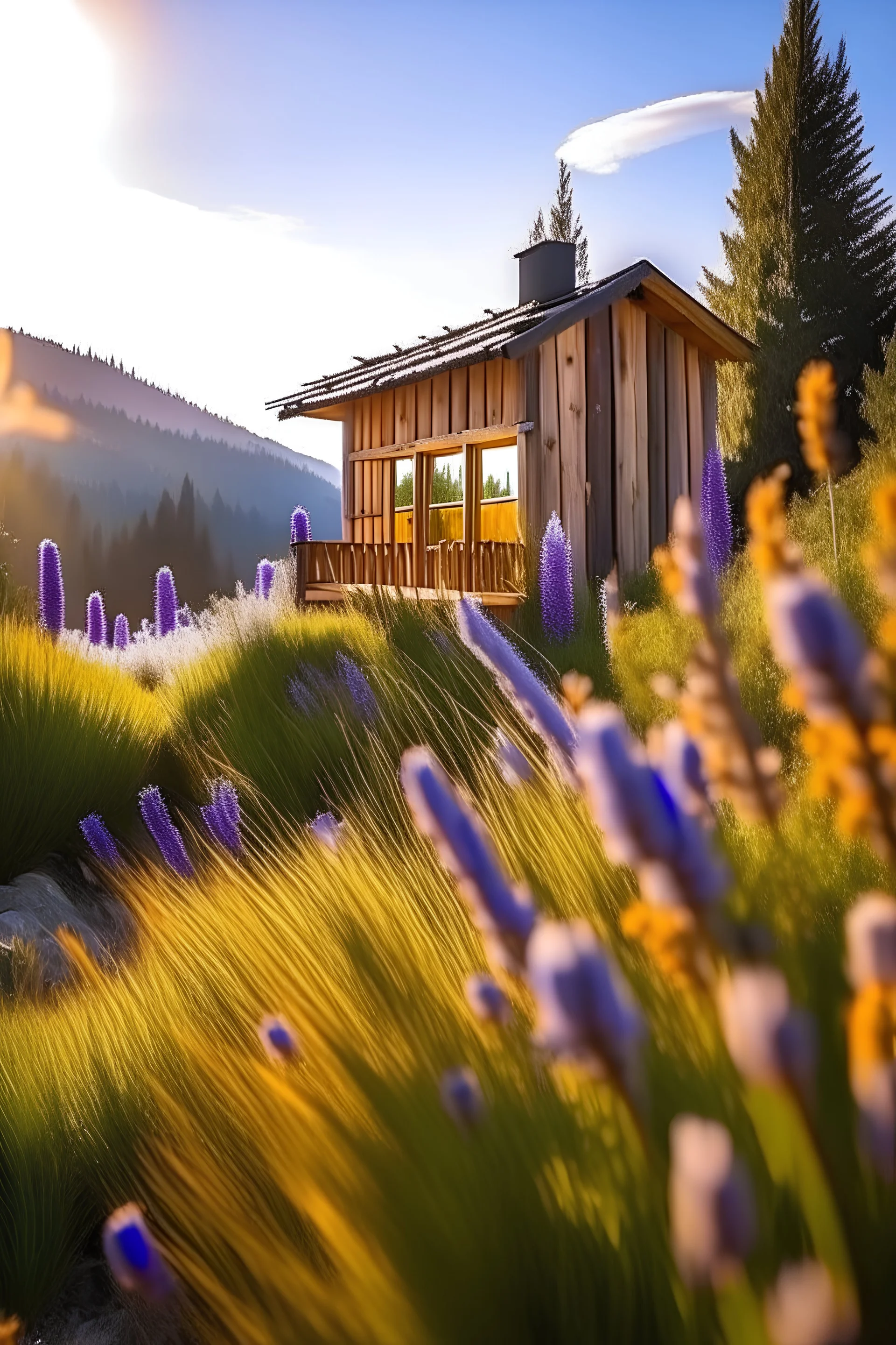 Cabaña en una montaña, plantas de lavanda en primer plano, día soleado, en el que se refleje la tranquilidad y armonía. paleta de colores calidos