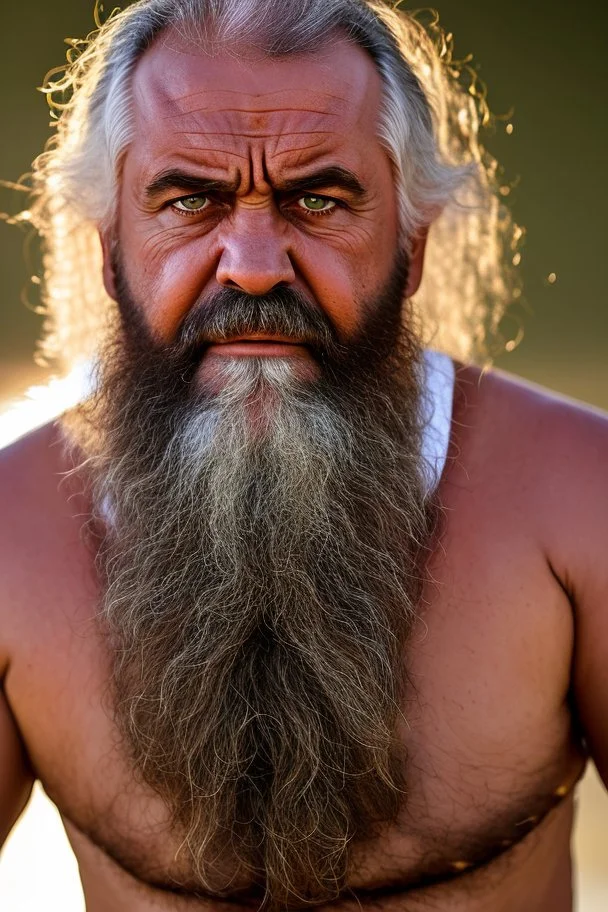 Portrait photography of a turkish angry bearded ugly brawn 60-year-old rough big chubby burly scars bullneck turkish tourist guide wearing traditional pants, manly chest, with very bushy eyebrows , photorealistic, sunlight, ambient occlusion, strong side light , sitting in a camping tent in the desert