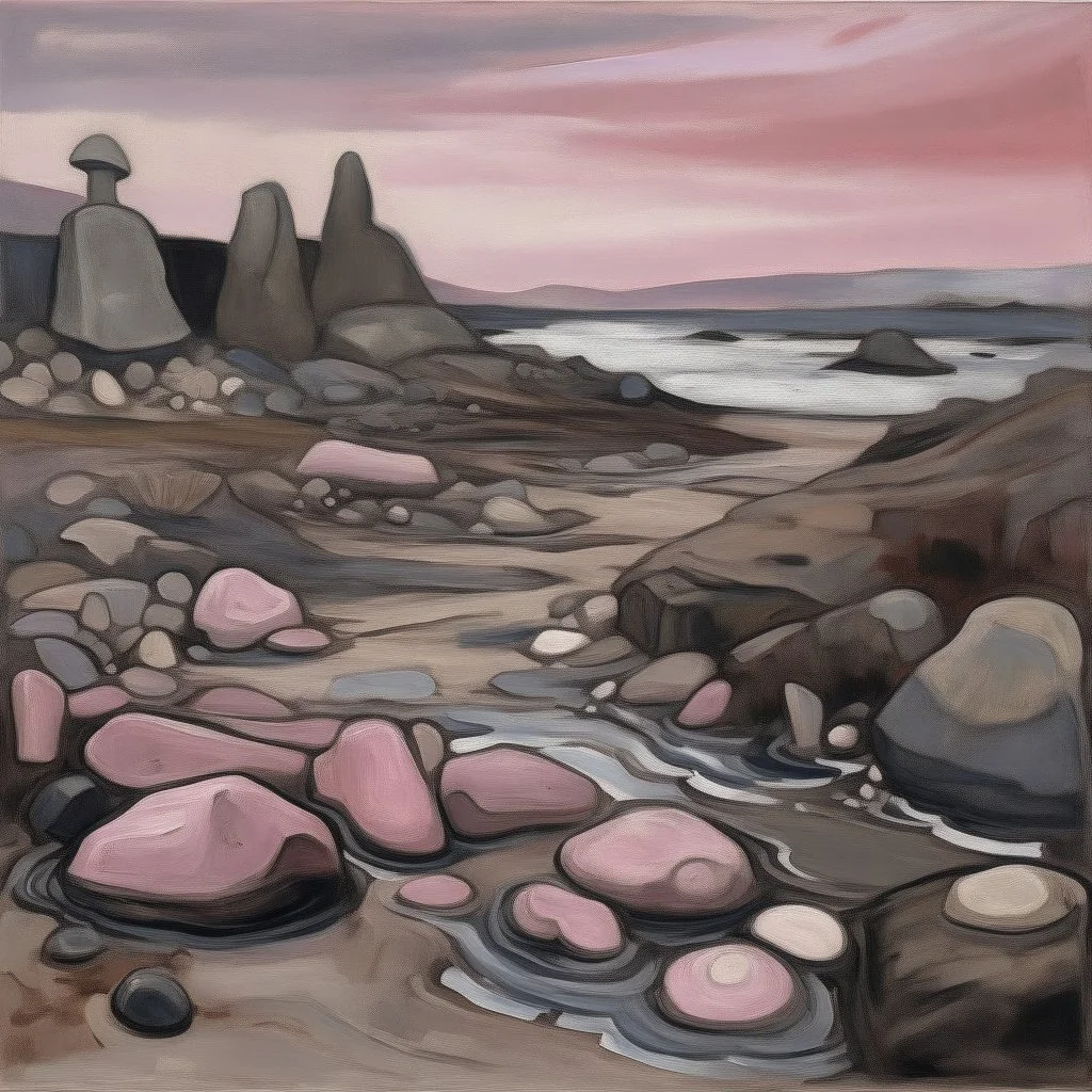 A grayish pink magical wasteland with rune rocks painted by Edvard Munch