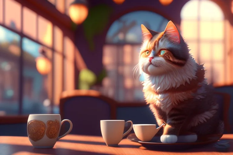 cute fluffy cat in a coffeehouse in sunshine Weight:1 detailed matte painting, deep color, fantastical, intricate detail, splash screen, complementary colors, fantasy concept art, 8k resolution trending on Artstation Unreal Engine 5 Weight:0.9