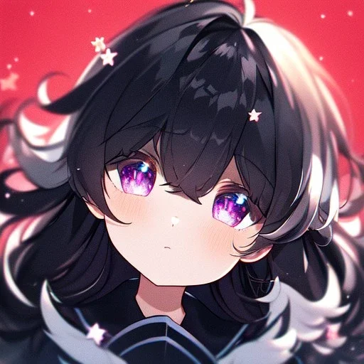 Clear focus, High resolution,a anime kid, roughline skecth, cute, cartoony style,interesting hair between eyes,black hair,, fluffy hair,long bangs,purple eyes, front view, background is space with stars, wearing a black sailor uniform