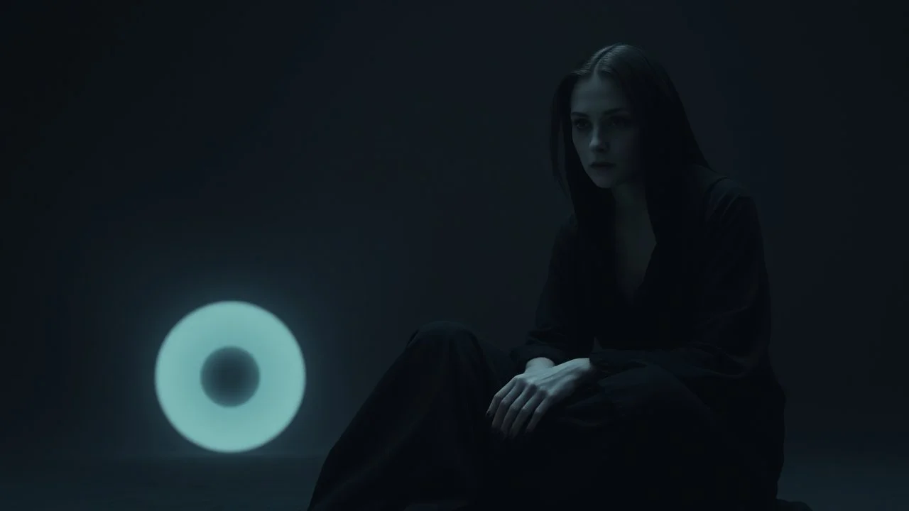 A solitary woman sitting alone in an endless void of darkness, pale skin, large hollow dark eyes with deep shadows underneath, wearing tattered black robes, empty expression, staring into nothingness. Only a faint circle of dim light surrounds her. Absolute loneliness, emotional emptiness, existential despair, abandonment, silence, vast darkness consuming everything beyond the light. No other people, no faces, in background a big monster eye, vibe surrealism, thriller atmosphere, cinematic