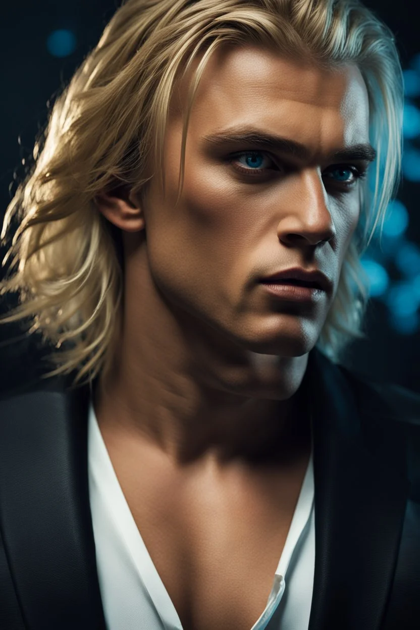 portrait of a malavolent stunningly handsome male aged 25, muscular, long blonde hair, blue eyes, wearing a dark suit, angry expression,4k, modern fantasy