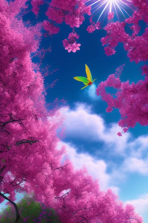 digital illustration, a world full of life divine thrill of biological tranquil sky, flowers, bright color splashes, high detailed 8 k,ufo rainbow