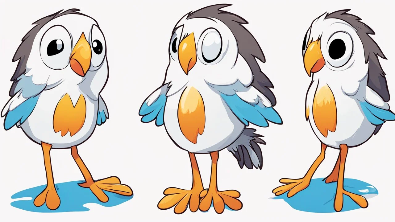 Design a cartoonic bird character named "Pip" who is known for his adventurous spirit and infectious curiosity. Pip should have brightly colored feathers, expressive eyes, and a mischievous grin. He loves to explore new places and make friends with creatures of all shapes and sizes. Create Pip in various poses and activities, such as soaring through the sky with wings outstretched, perched on a tree branch with a quizzical expression, or sharing a laugh with a group of woodland animals. Let your