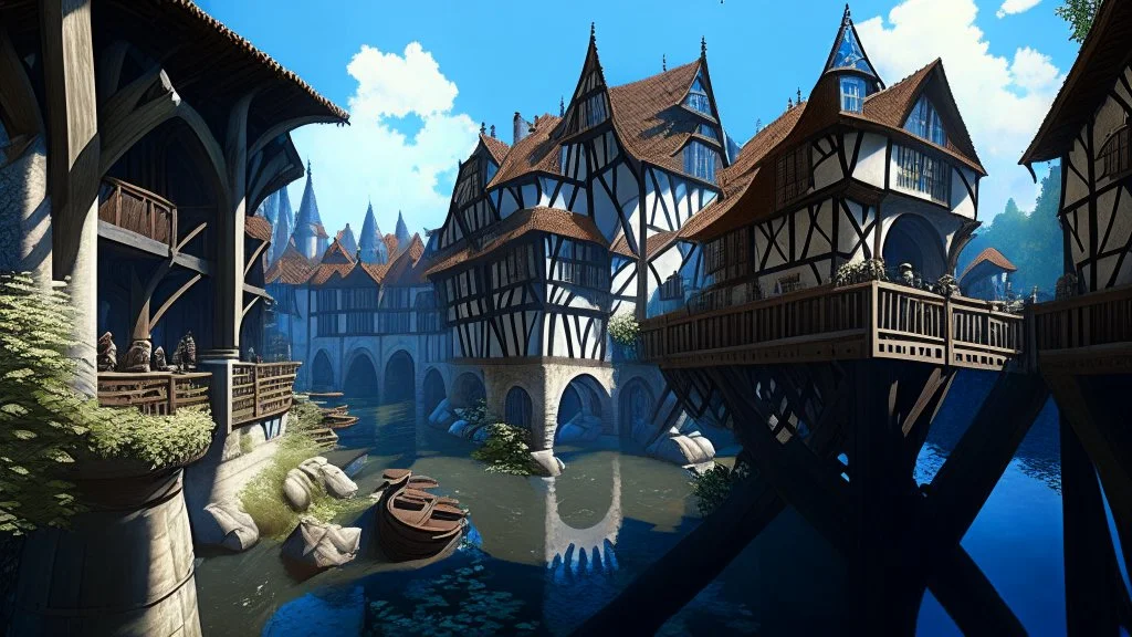 medieval buildings with balconies overhanging a river, blue sky and people, photorealism, trees, foliage, piers, ultra-sharp image, sharp focus