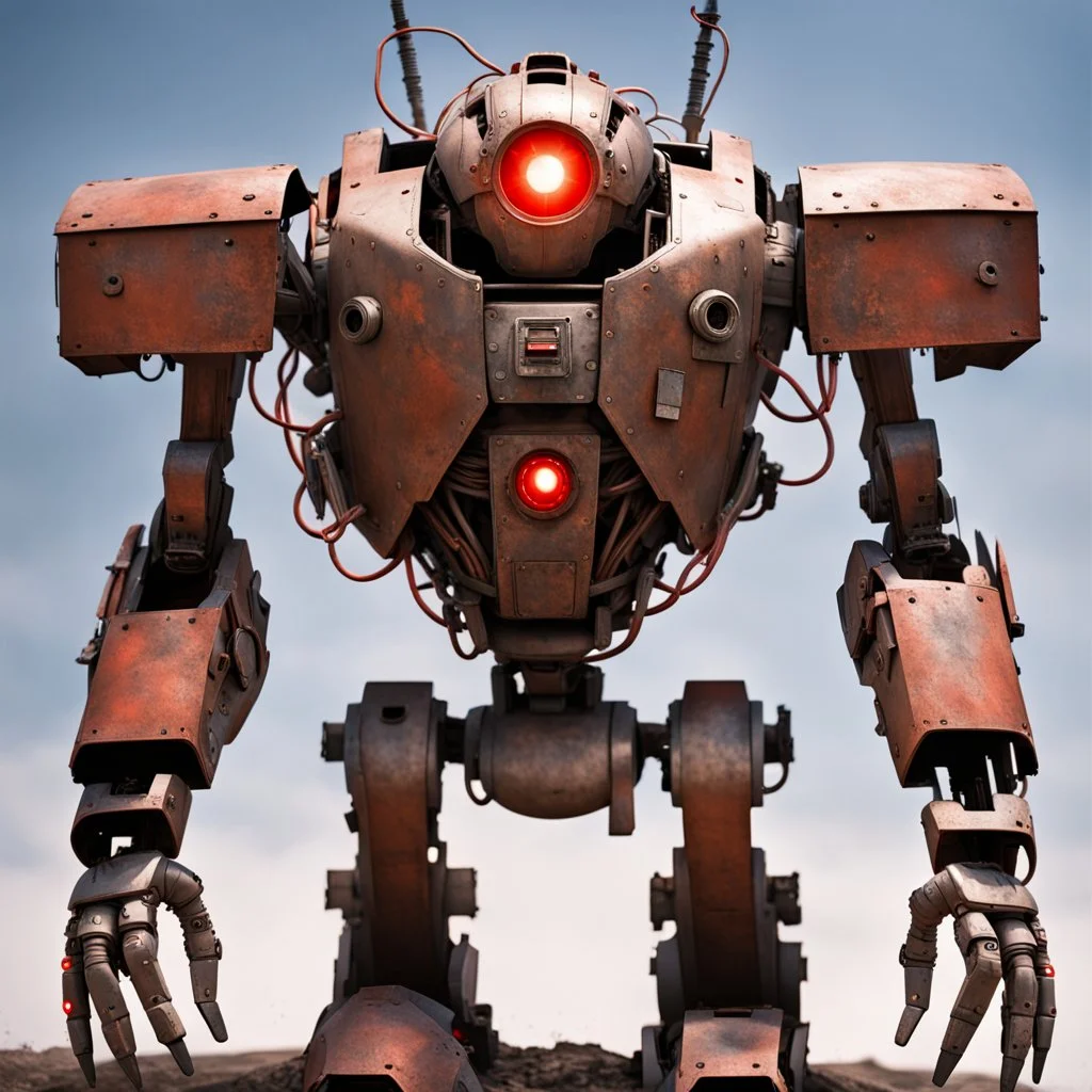 trash mech suit, human-sized, made of scrap metal, cockpit in chest cavity, light rust, round, one red glowing eye, loose wires, escape hatch