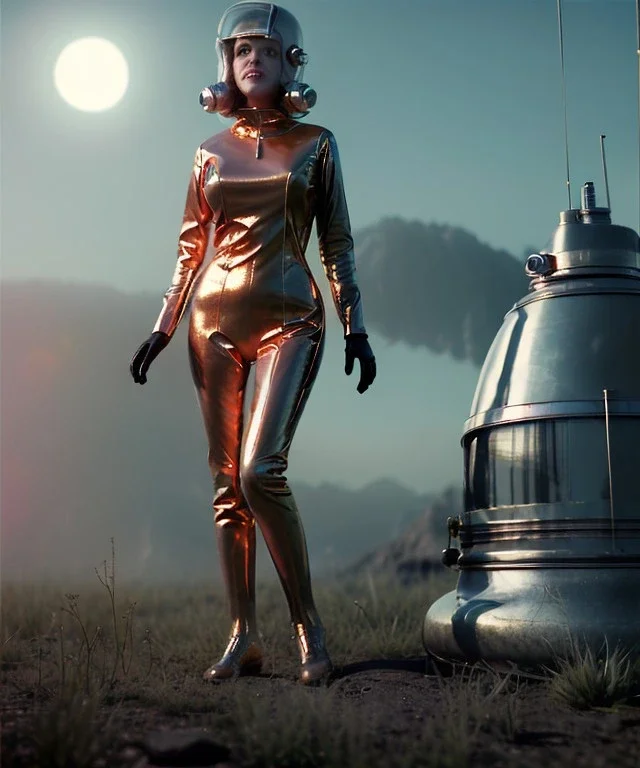 Ultra Realistic retro sci-fi image from 1960, many people looking to sweet young woman Jane Fonda, dress with tight latex coat and retro glass helmet, Retro sci-fi style, soft color, highly detailed, unreal engine 5, ray tracing, RTX, lumen lighting, ultra detail, volumetric lighting, 3d, finely drawn, high definition, high resolution.