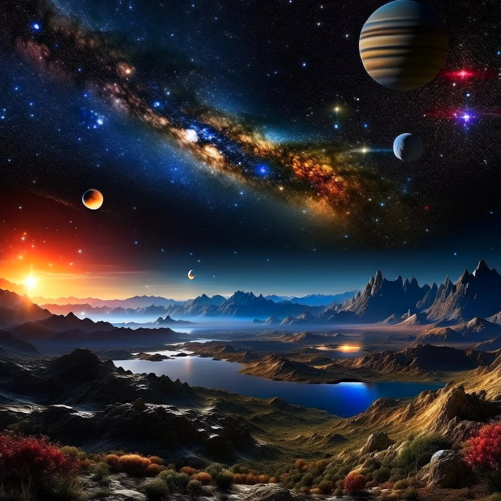 Beautiful view five planets Jupiter, Mercury, Venus, Uranus, Mars align sky universe filled with night stars constellations and milkyway. Modifiers: sharp focus extremely detailed Award winning photography fantasy intricate 8k beautiful dynamic lighting award winning fantastic view high definition crisp quality Unreal Engine colourful VRay