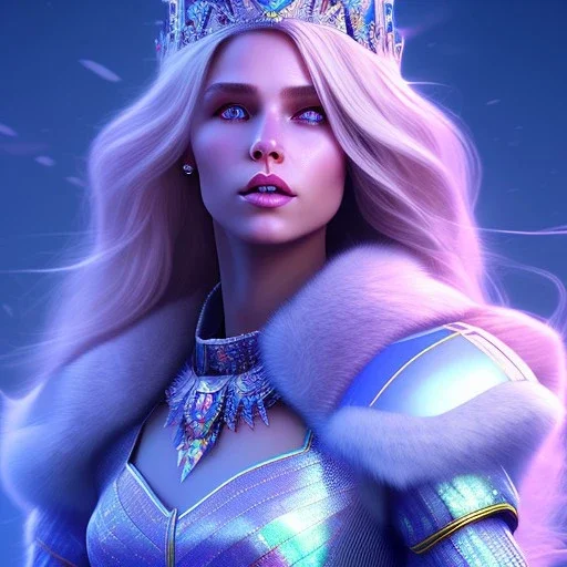 A portrait of a full body crystalised blue pink queen,smiling face, blue eyes, long blond hair, atmospheric, realistic, unreal engine, lighting