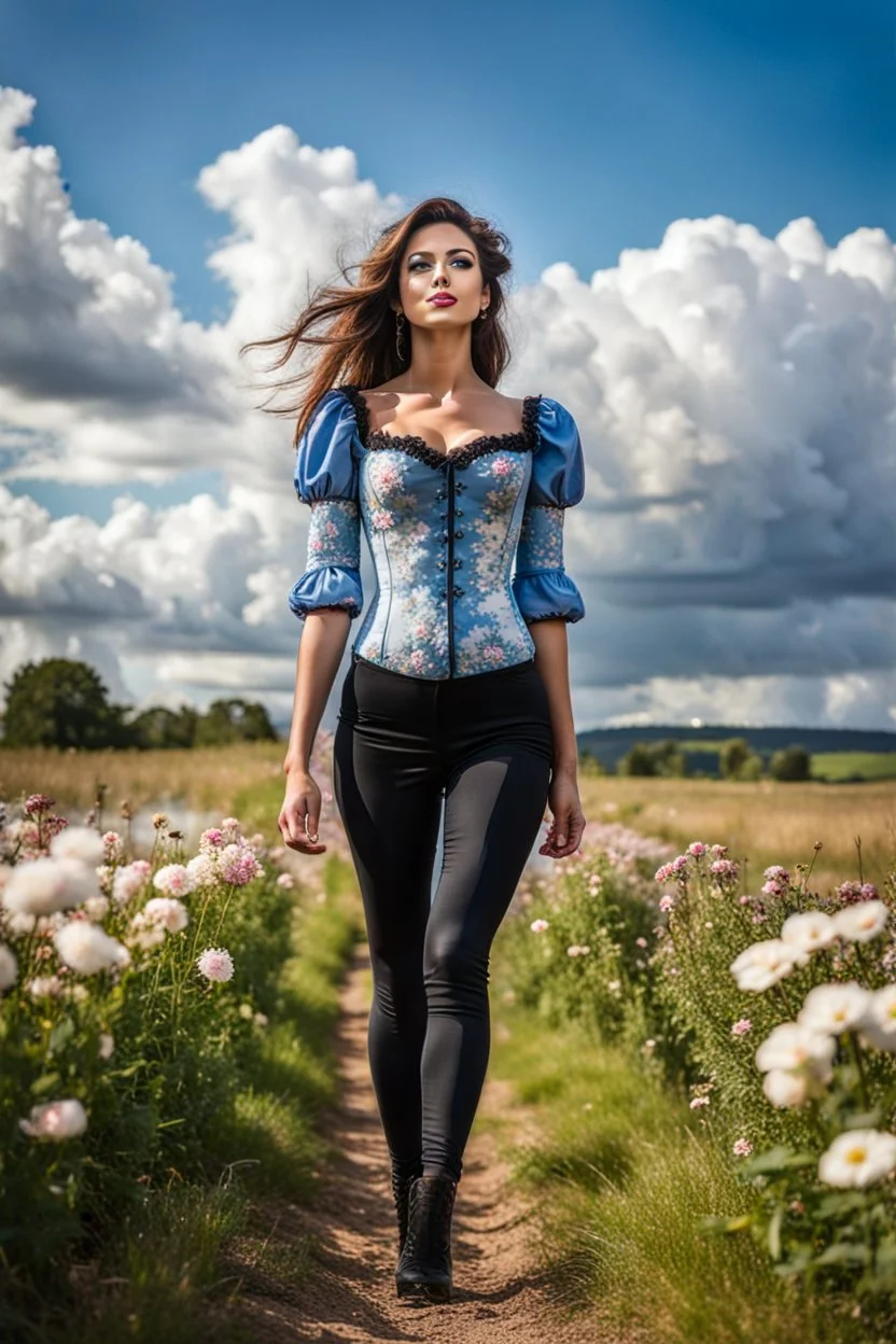 fullbody girl makeup wearing a victorian top and tight pants walking in country side ,flowers ,pretty clouds in blue sky