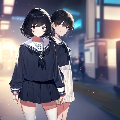 Clear focus, High resolution, short black hair, black eyes, wearing a sailor uniform, rough line, frowning, chopped bangs, fluffy hair, long white socks, rough line