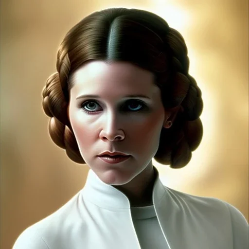 extremely detailed 8k hyperspace wallpaper,complete and photo realistic detailed head to waist stunning photo realistic portrait of carrie fisher as Princess Leia in star wars with photo realistic minimal updo hair , brown eyes, professional majestic oil painting by Ed Blinkey, Atey Ghailan, by Jeremy Mann, Greg Manchess, Antonio Moro, trending on ArtStation, Intricate, High Detail, Sharp focus, dramatic, by greg rutkowski, realism, beautiful and detailed lighting, shadows