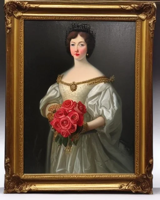 vintage portrait of a queen with roses in her hand, detailed, sharp , oil painted