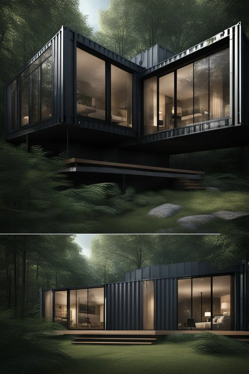 large house in the woods made from shipping containers, photorealistic
