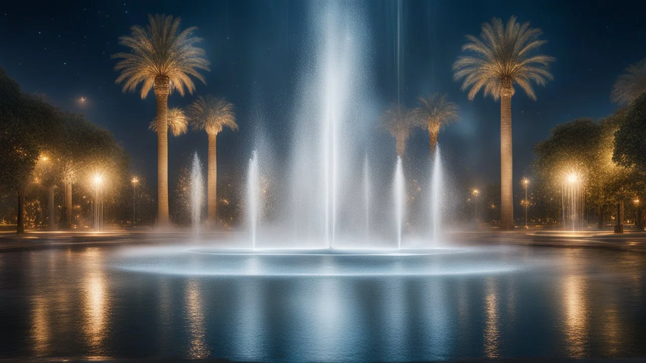 moonlight, sparkling fountains, recreation, relaxation, luxury, magnificent, showers, glistening water spray, charismatic people, lasers, drones, dream world, calm beauty, symmetry, fantasy world, magic, splendor, ecstatic, uplifting, inspiring, therapeutic, chiaroscuro, color, award-winning colour photograph, beautiful composition, exquisite detail, Nikon 135mm