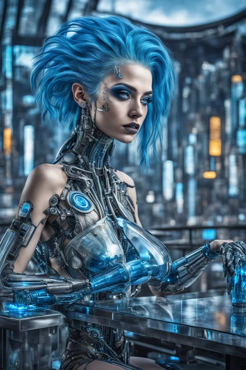 A beautyful biomechanical woman with tranparent glass body and blue hair, sitting in the cyberpunk rooftop bar in futuristic city, intricate details, HDR, beautifully shot, hyperrealistic, sharp focus, 64 megapixels, perfect composition, high contrast, cinematic