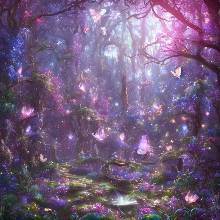 magical forest with sparkle and jewel butterflies and blue big flowers and pink mushrooms waterfall sky