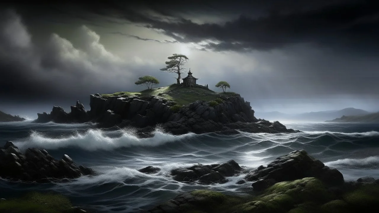 A hauntingly beautiful oil painting of a desolate island, shrouded in darkness and solitude. The island is surrounded by turbulent, stormy waters, with waves crashing against the rocky shores. The lone tree on the island stands tall, barren and twisted, casting a somber shadow on the ground. A faint silhouette of a ship can be seen in the distance, navigating through the tempestuous sea.