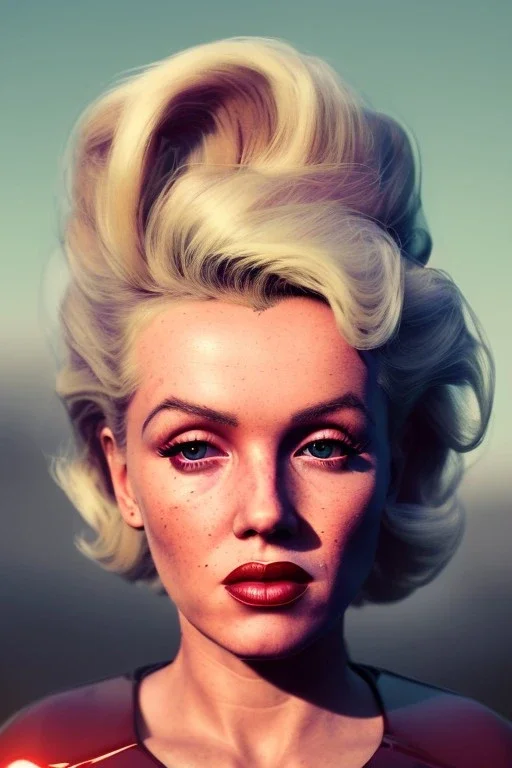 Ultra Realistic retro sci-fi scene, portrait, blonde woman, sweet young Marilyn Monroe face, perfect iris, tight latex coat, Strange planet background, Retro sci-fi style helmet. fog, rain, soft color, highly detailed, unreal engine 5, ray tracing, RTX, lumen lighting, ultra detail, volumetric lighting, 3d, finely drawn, high definition, high resolution.