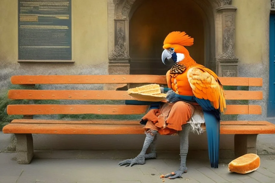 Half parrot half human in a 1700s Orange Dutch uniform siting on a bench in a Dutch city eating a loaf of bread