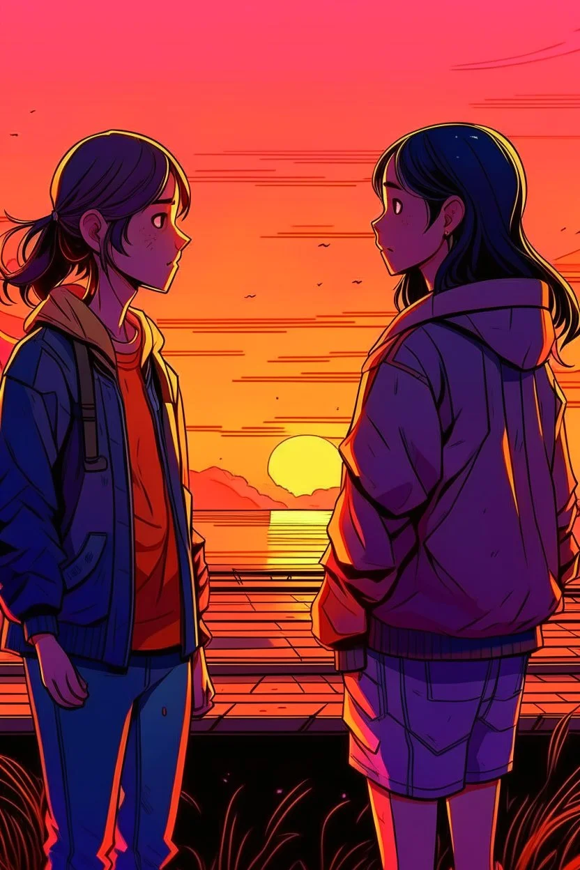 gün batımını izleyen 2 kız 2D biraz daha detaylı daha fazla detay ve 2d yüzleri hafif görünüyor yüzleri görünüyor farklı bir tarzda detaylı farklı ve detaylı kıyafetler kıyafetler düzgün olsun ve hava soğuk farklı bir tarz Farklı bir tarz ve neon farklı bir poz