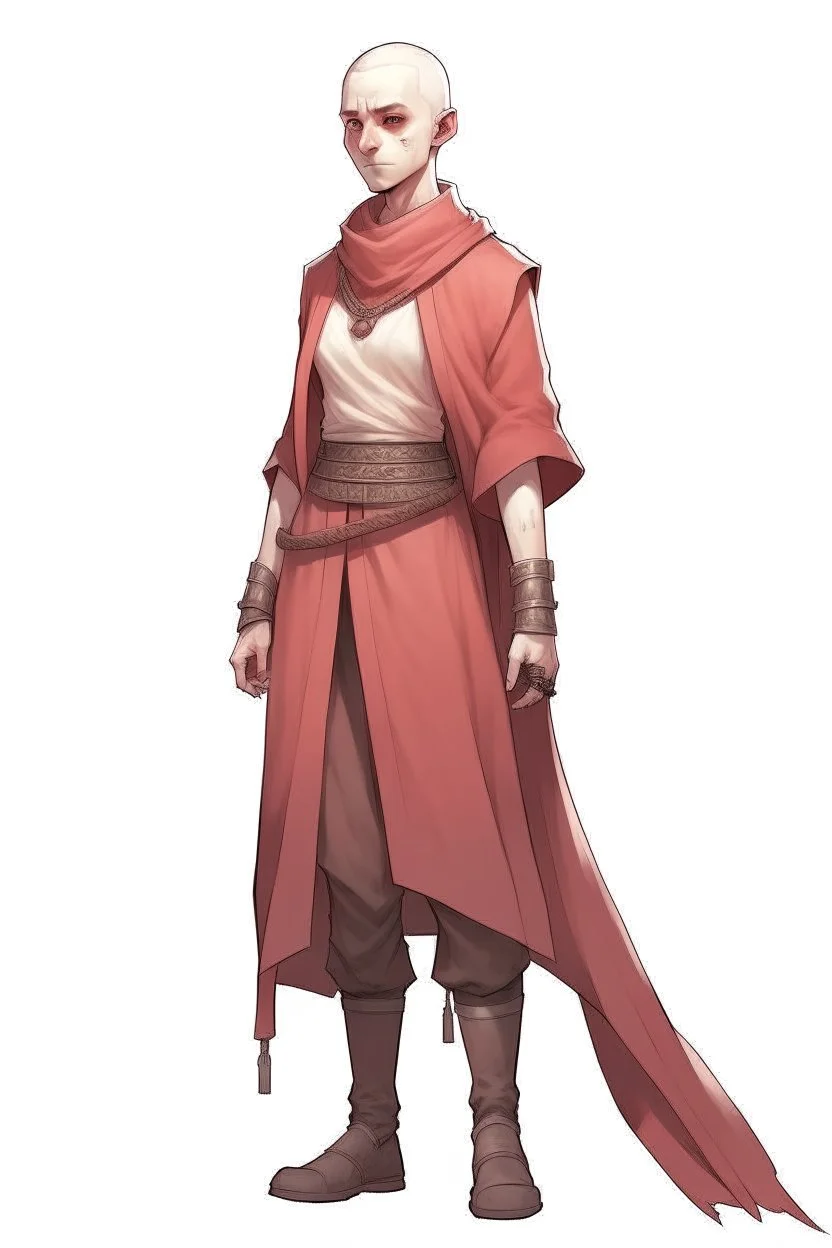 full length, gangly, 22-year old, shaved head, nordic looking grey-eyed female human cleric with a red necklace, no face markings