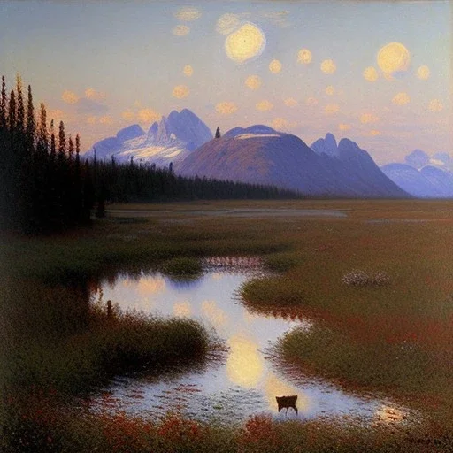 Monet Painting of muskeg with moose in alaska