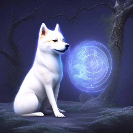 albino shiba inu, ethereal blue violet aura, Orion, orbs, hunter