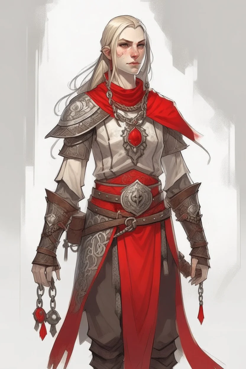 full length, tall, gangly, 22-year old, nordic looking female human cleric with a necklace of red beads, wearing scale mail