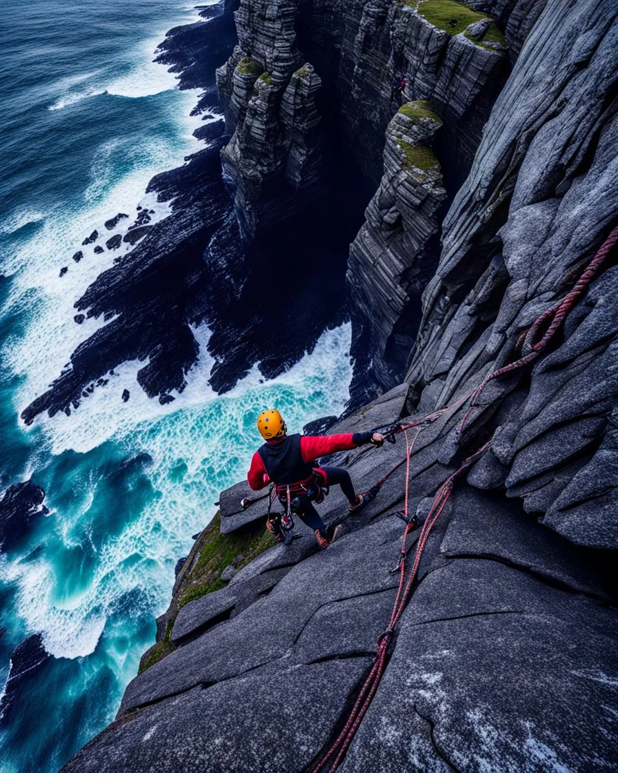 from the point of view of a rock climber, look down at the ocean rocks below as you climb high into the bluffs of ireland. holding on to the cliff face, the ocean below storms and swirls around a giant whirlpool, a great pit in the ocean