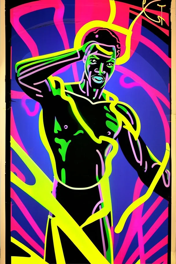 70s Black light poster design in the style of George Goode, featured “a black man rais[ing] his unshackled fist while the background bursts with fluorescent yellow flame.” neon fluorescent glow, psychedelic, bright, shimmering, fluorescent colors pop and sizzle, mystique, cosmic