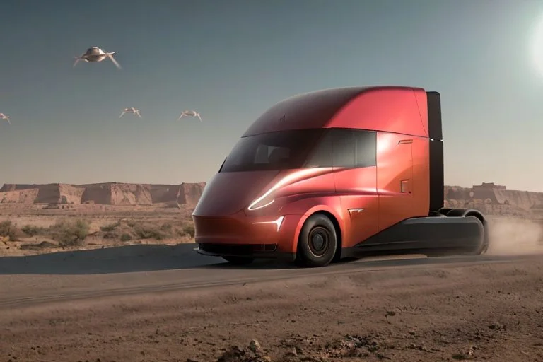 A Tesla 'Semi' (semi truck) is going at a high speed, in Mos Eisley on the planet Tatooine. (CINEMATIC, WIDE ANGLE LENS, PHOTO REAL)